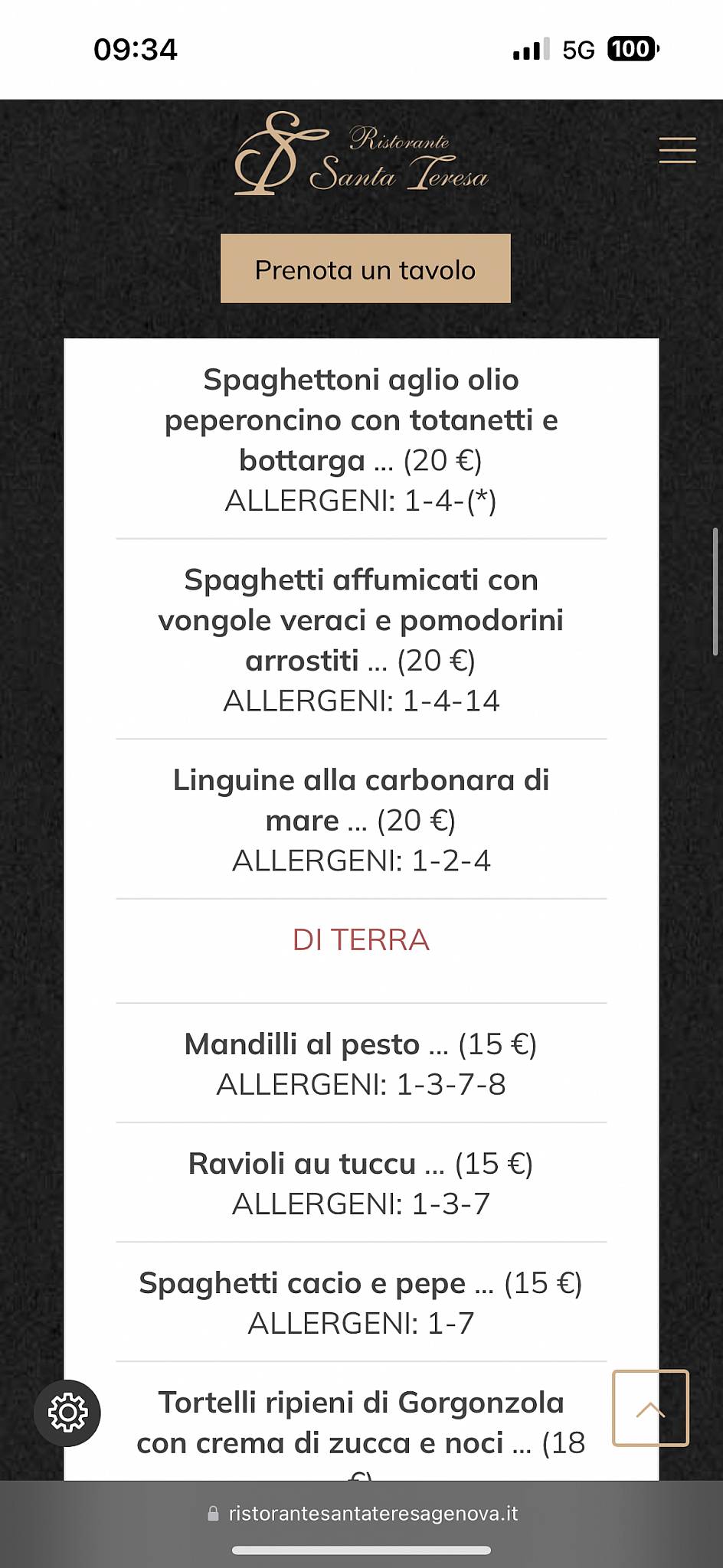 Menu di Ristorante Santa Teresa 