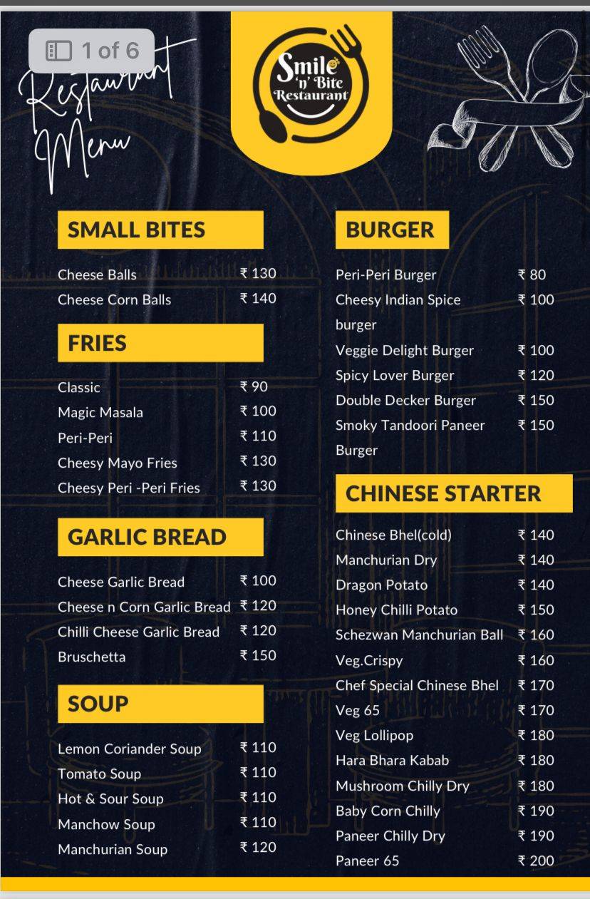 Smile 'n' Bite Restaurant menu