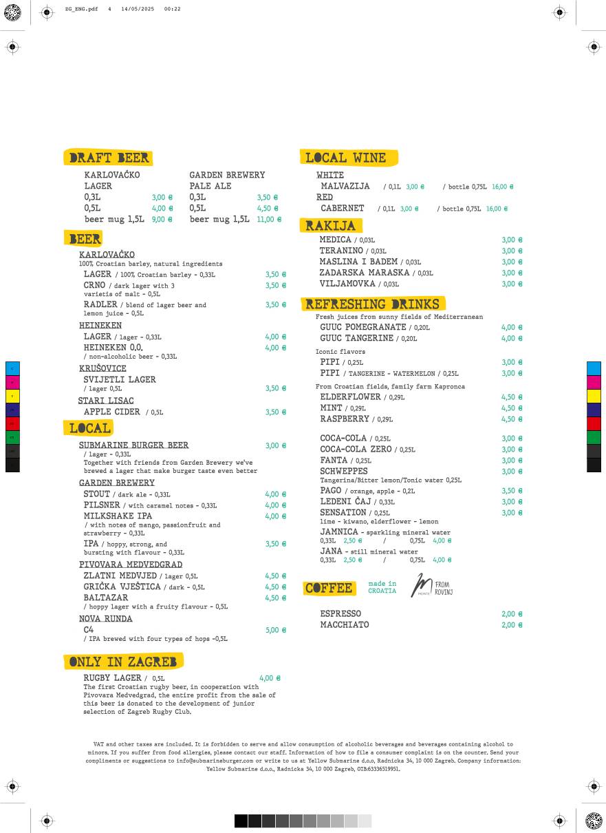 Menu di Submarine Burger Bogovićeva 