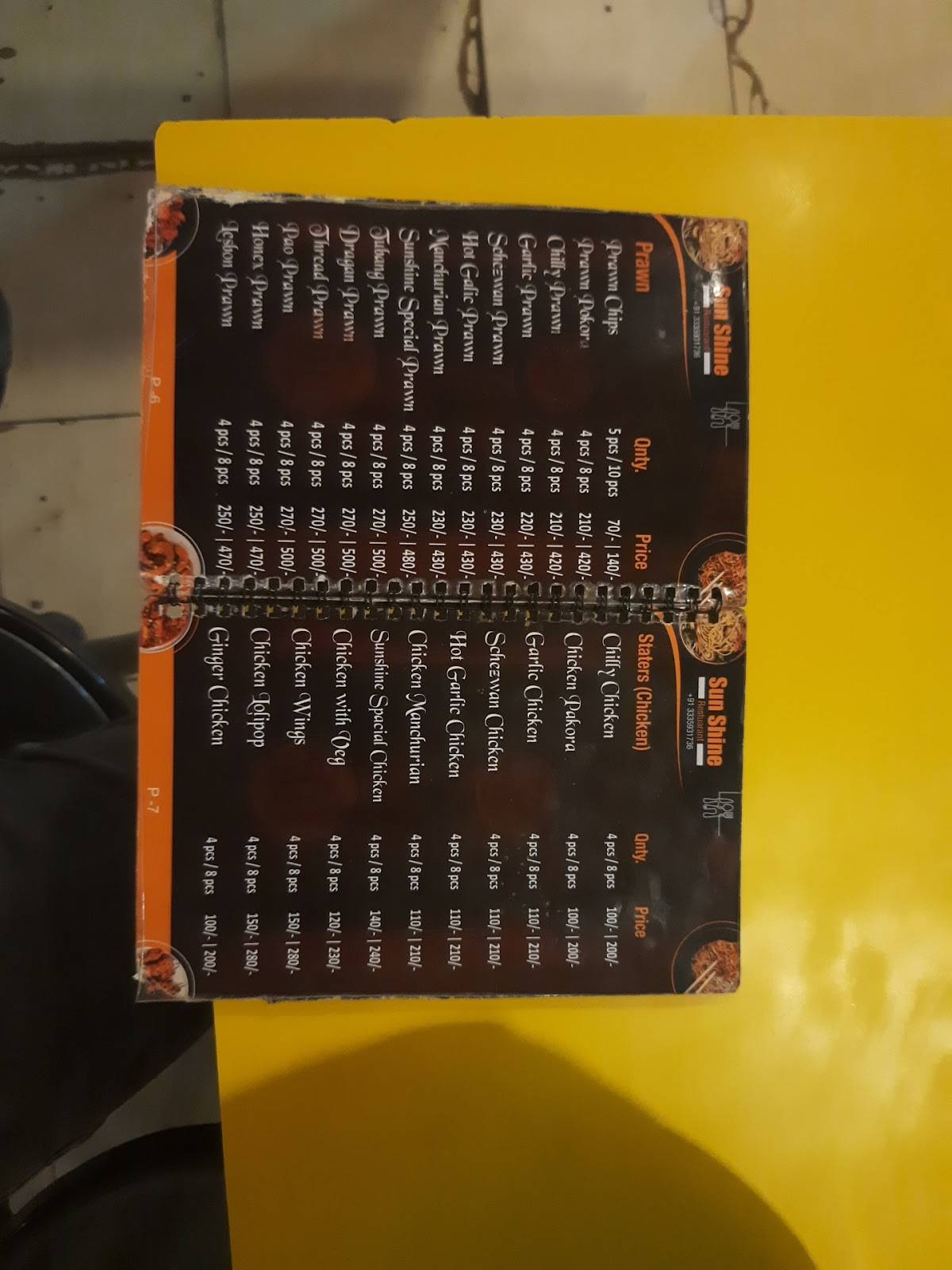 Sun Shine Restaurant menu