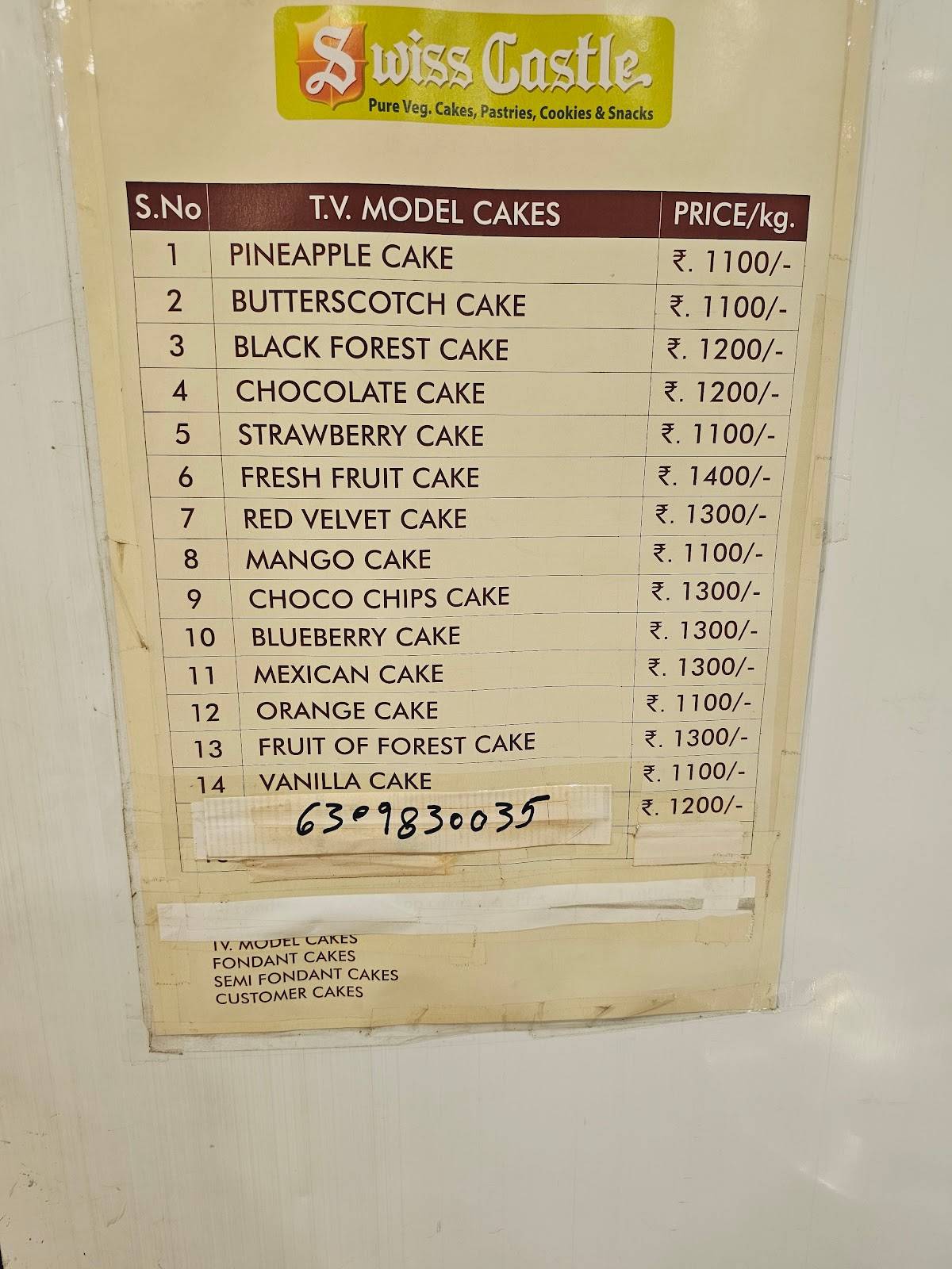 Swiss Castle Bakery, Tarnaka menu