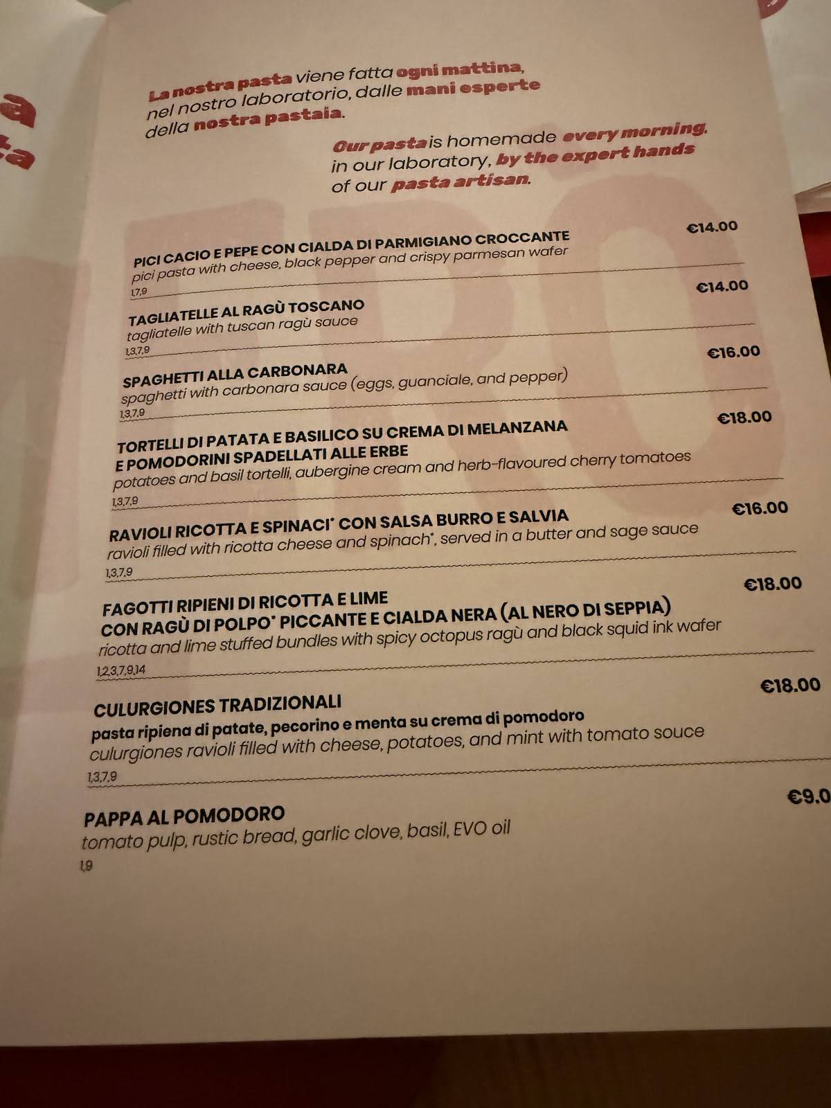Menu di Tamerò Firenze 