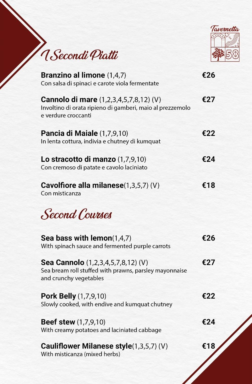 Menu di Tavernetta Cinquantotto 