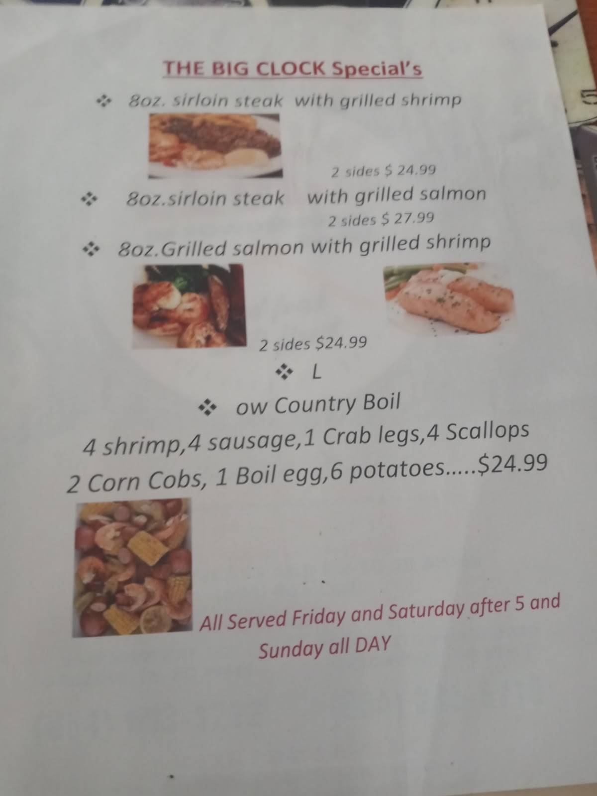 Menu at The BIG Clock of Powdersville restaurant, Greenville, SC153