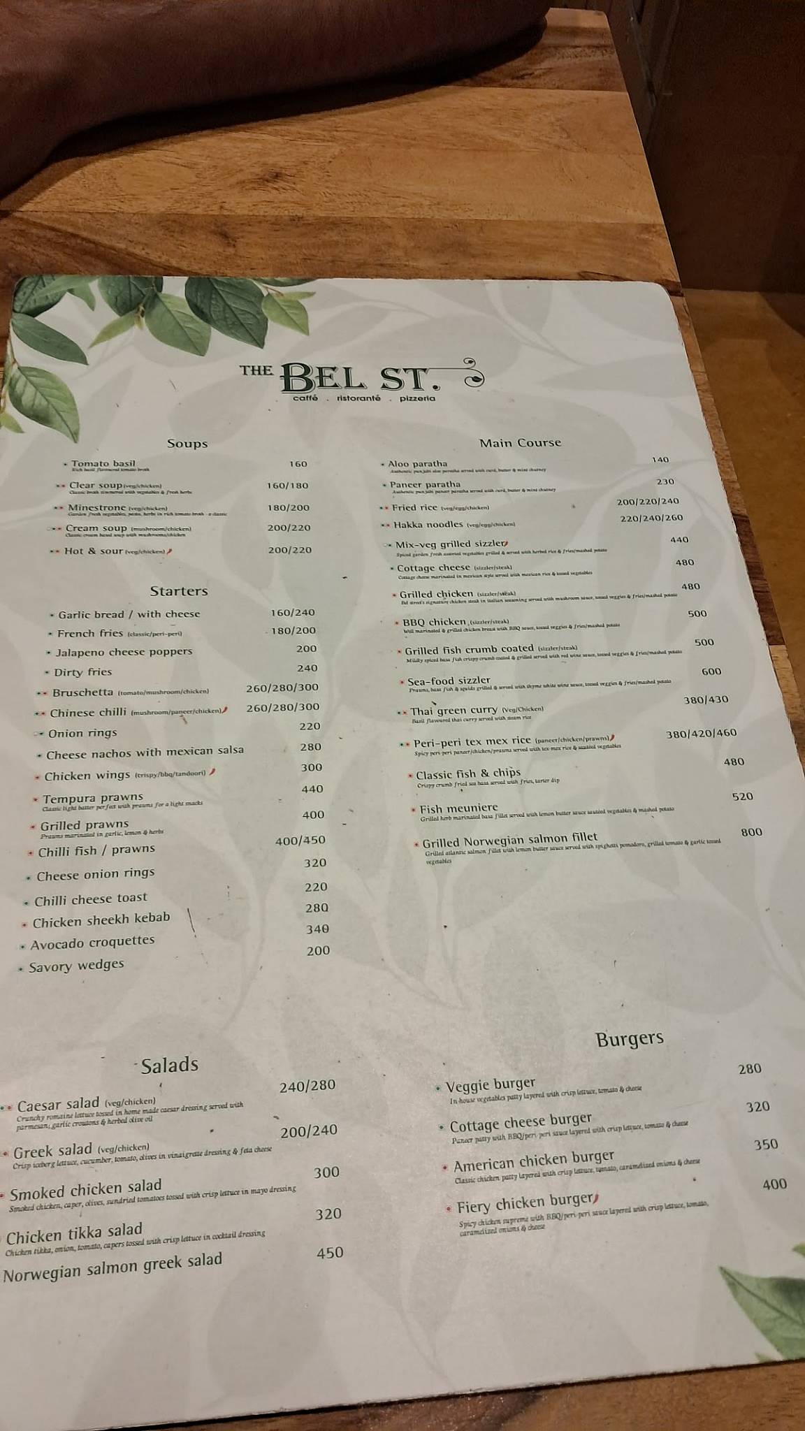 The Bel St. menu