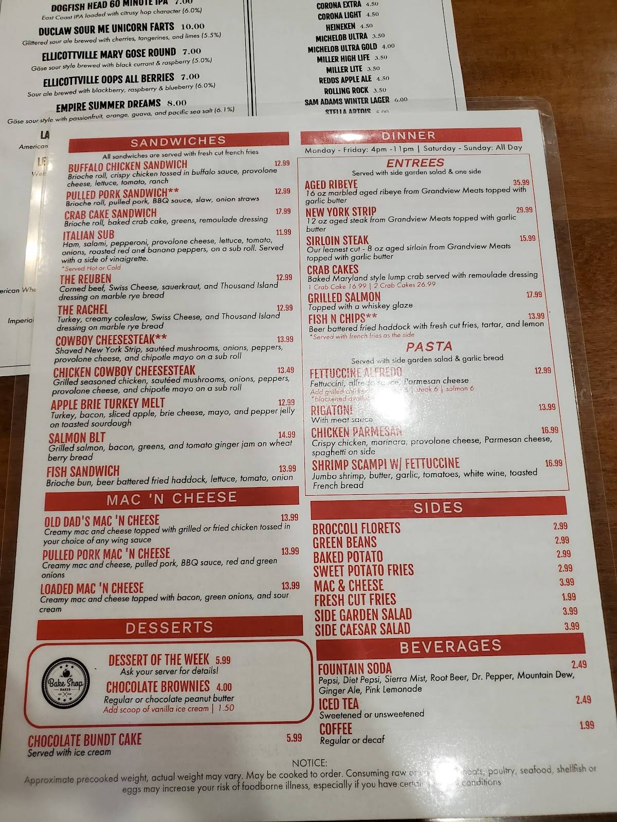 Menu at The Bull Pen Restaurant & Sports Bar, Tyrone