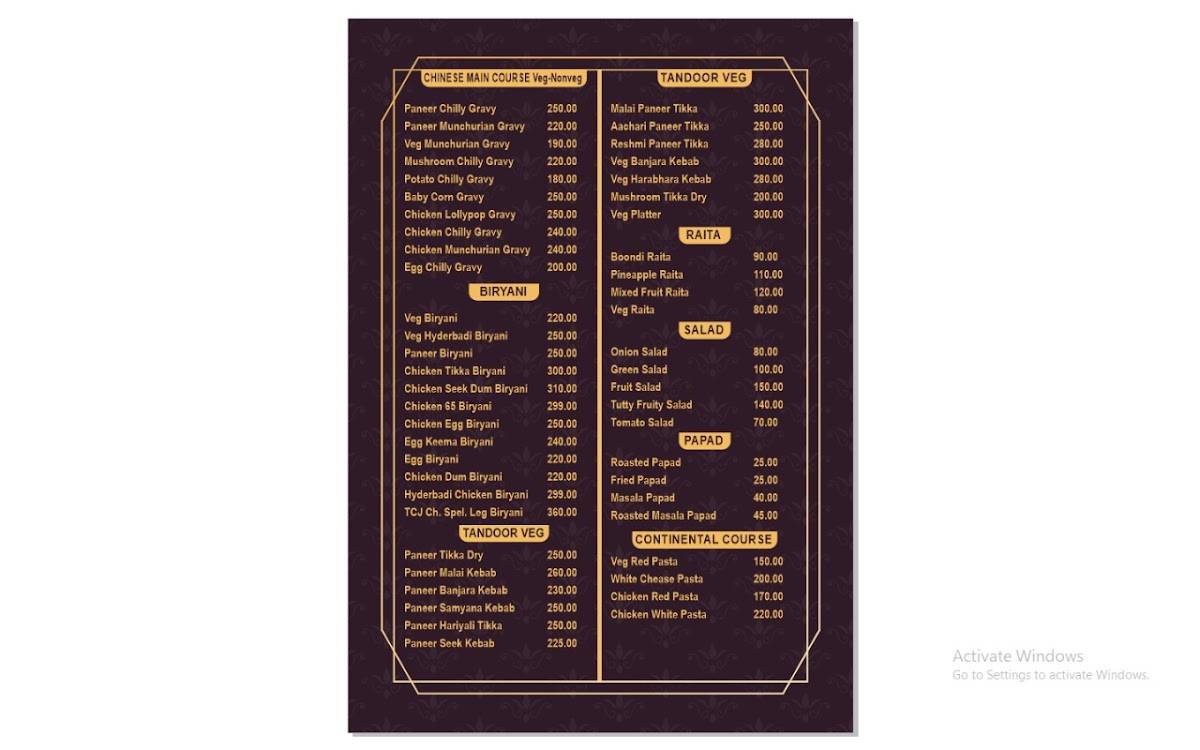 The Central Jail Restaurant menu