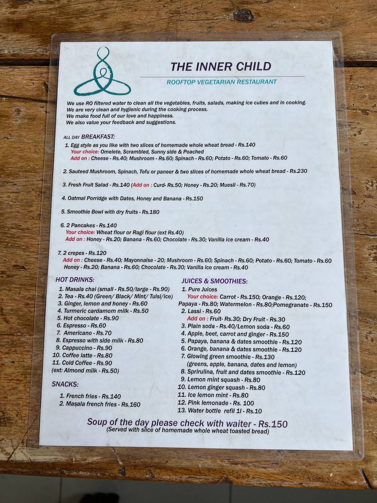 The Inner Child Restaurant menu