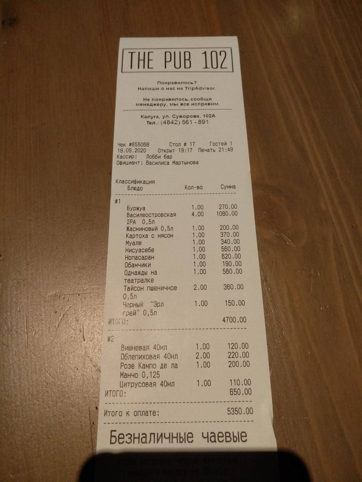 Меню The Pub 102, Калуга