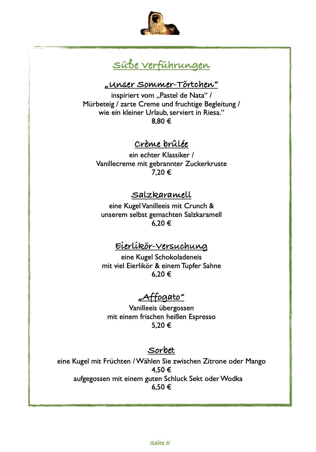 Menu de Gasthaus "Goldener Löwe" UG Riesa -Restaurant & Pension-