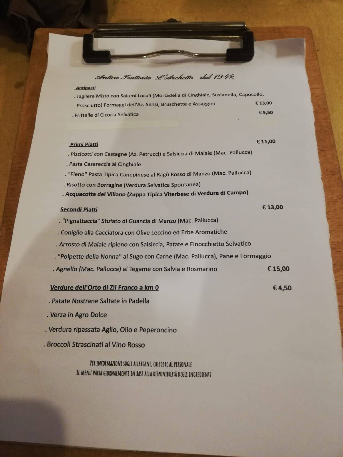 Menu di Trattoria L'Archetto 