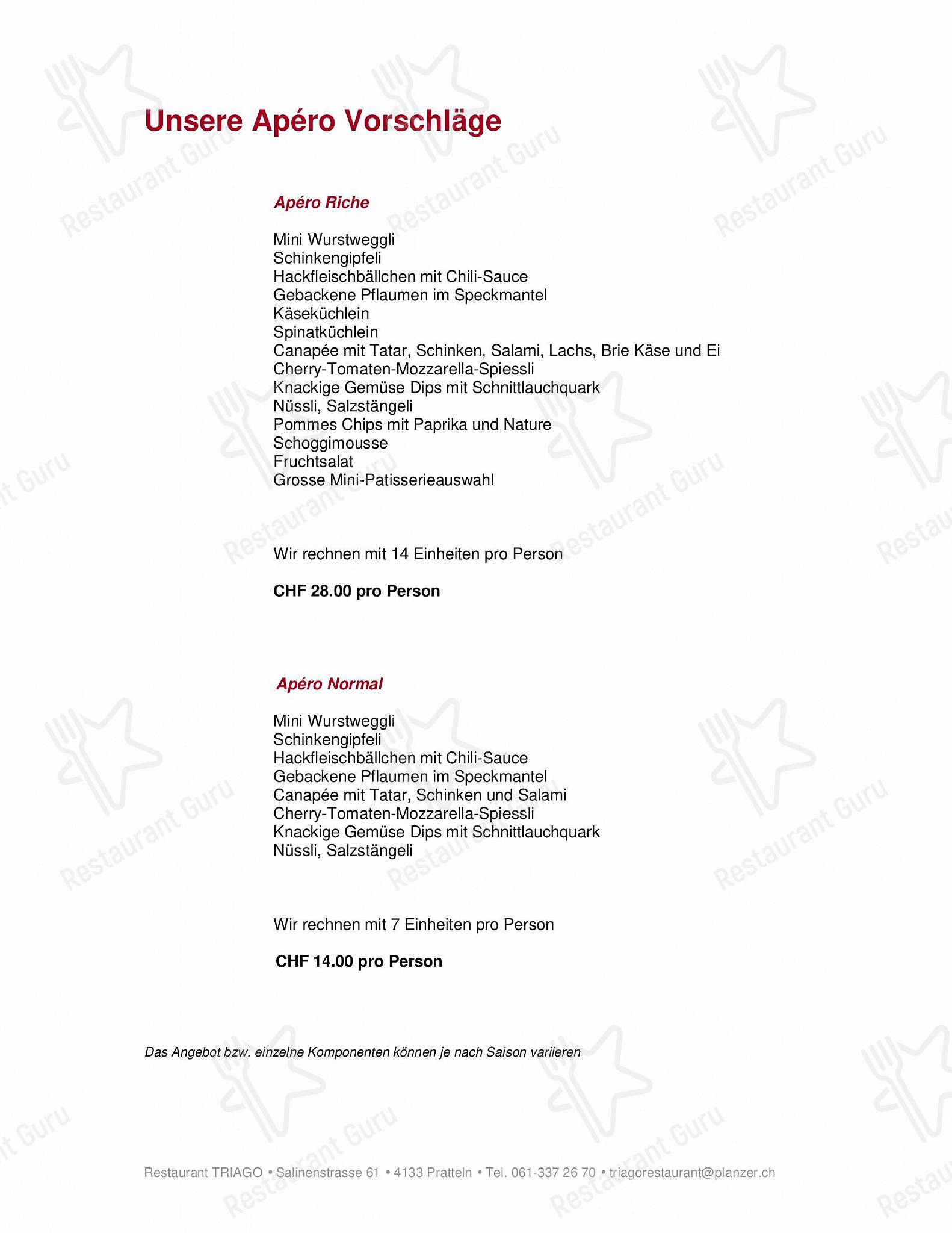 Menu per Restaurant TRIAGO ristorante