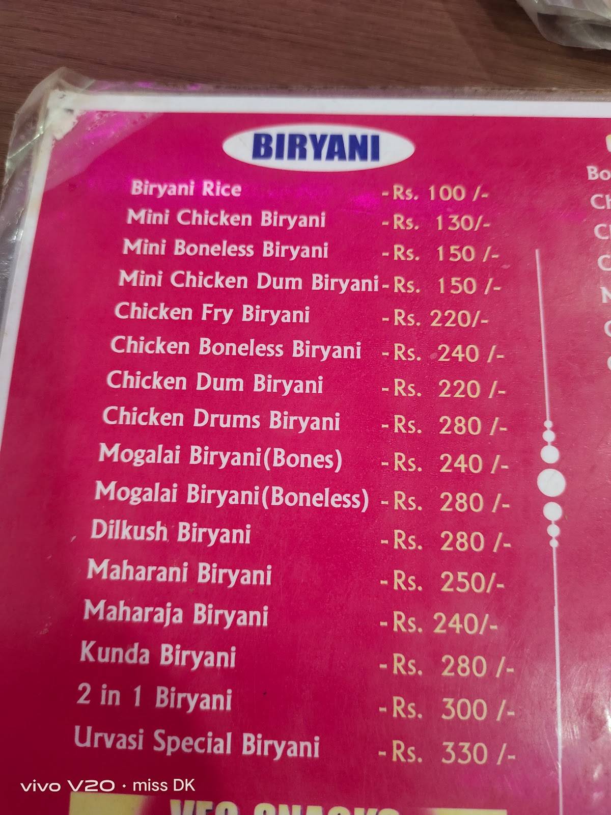 Urvasi Restaurant menu