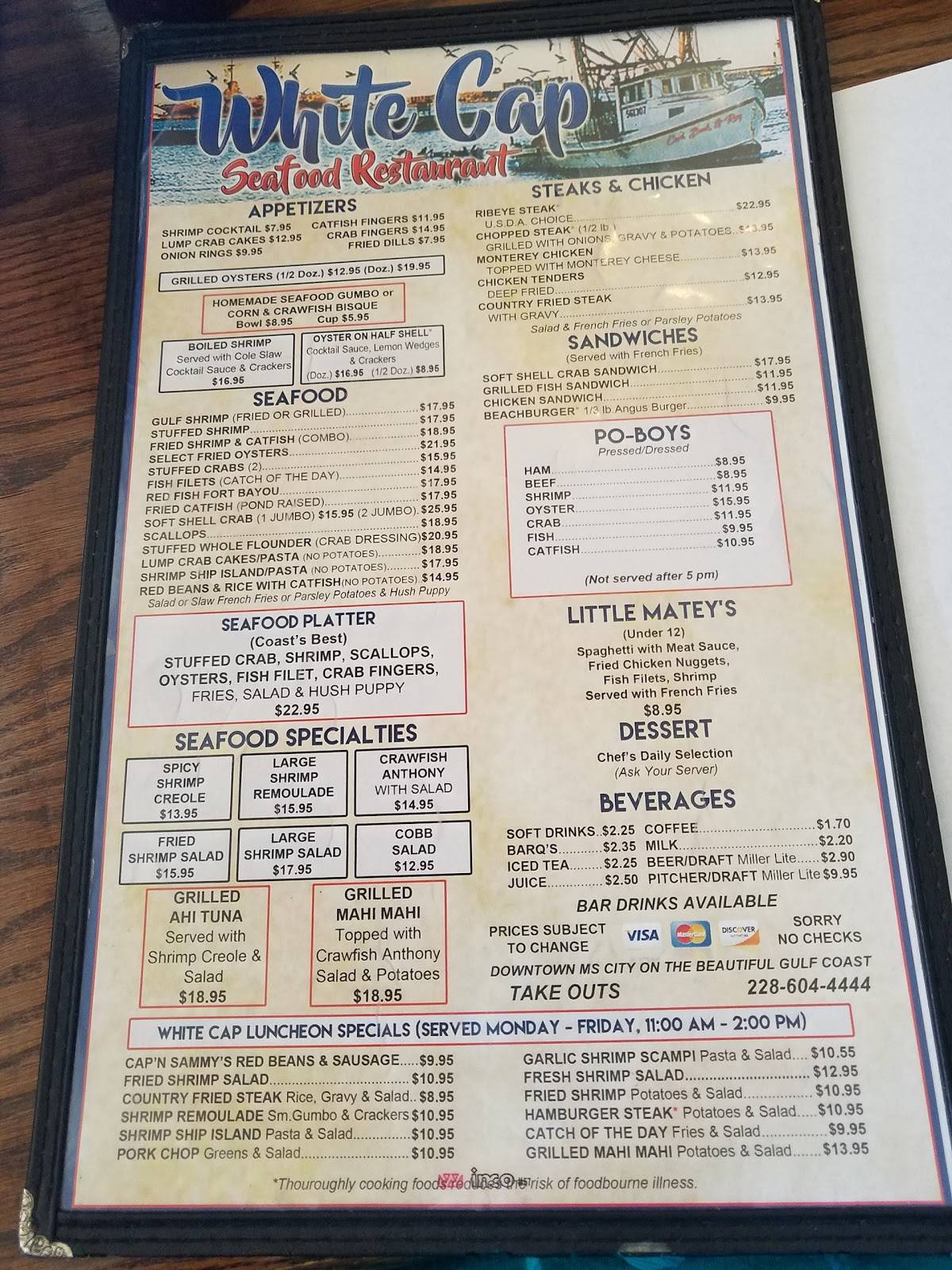 Menu at White Cap Restaurant, Gulfport, 560 Beach Dr