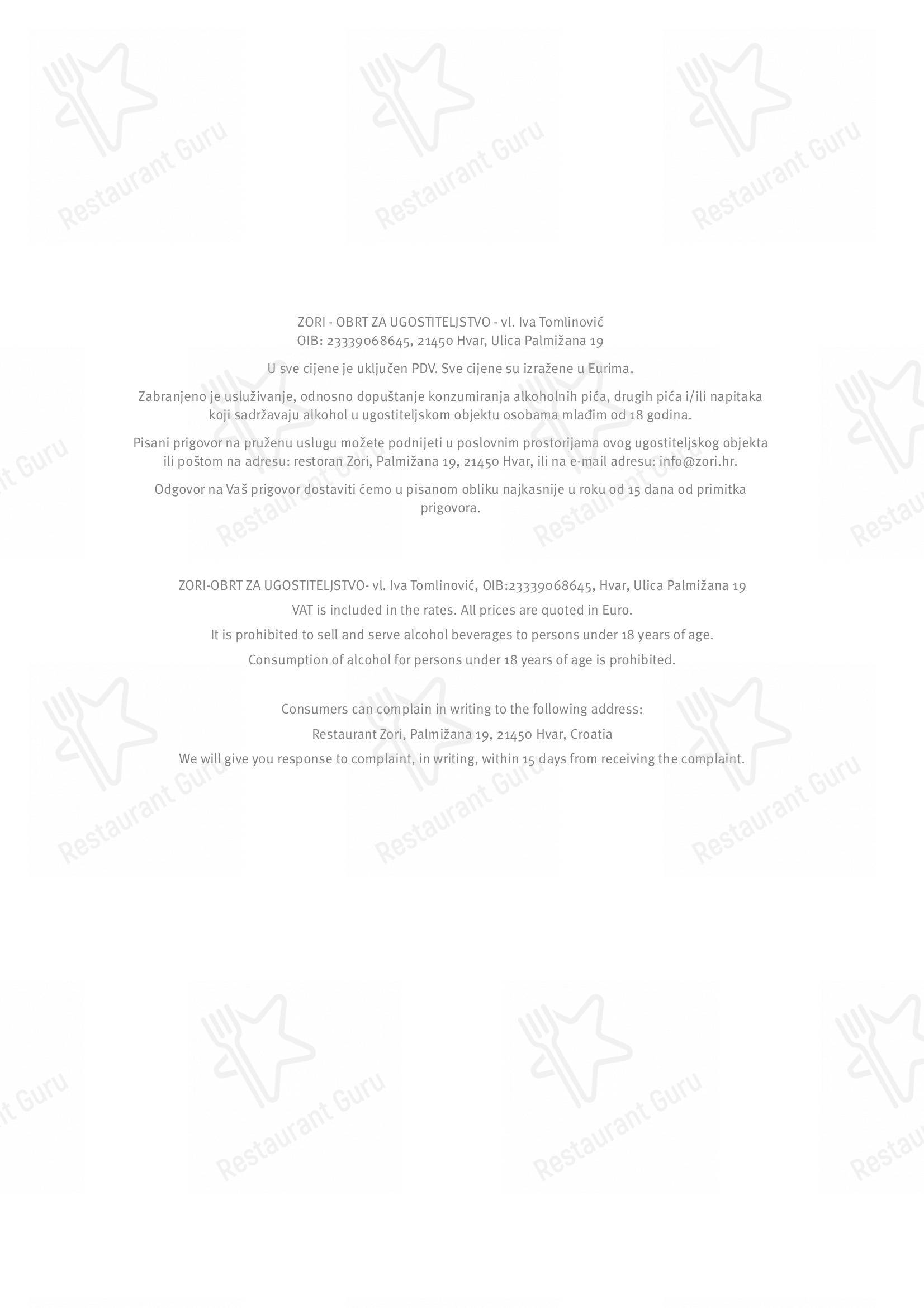Menu per Zori Timeless Hotel & Restaurant ristorante