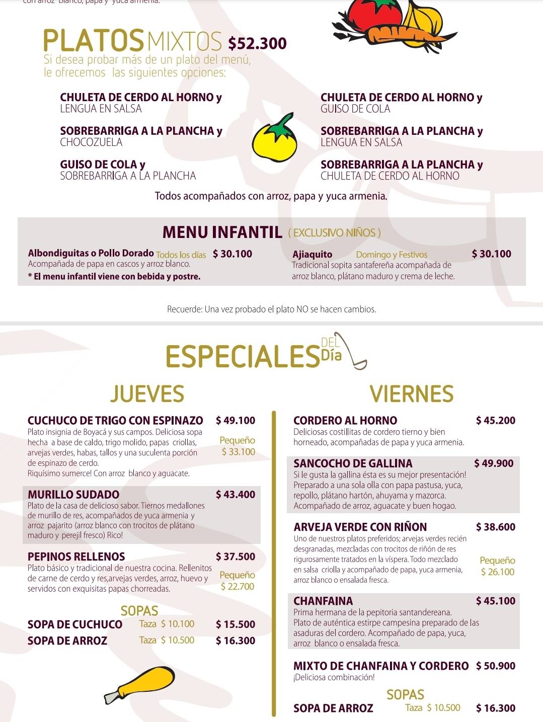 Carta de Restaurante Doña Elvira Bogotá Cl 50 20 26