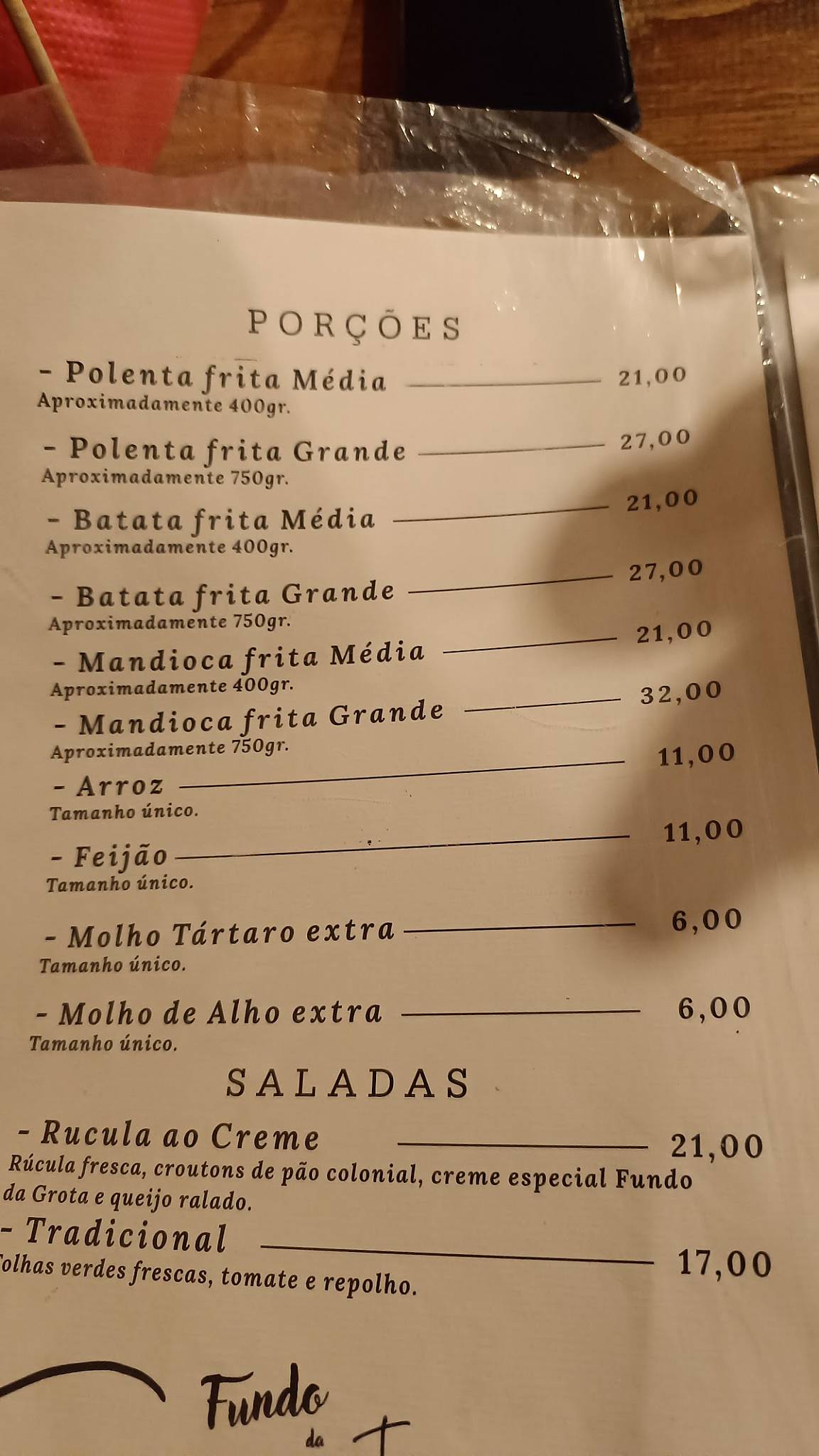 Restaurante Fundo da Grota cardápio