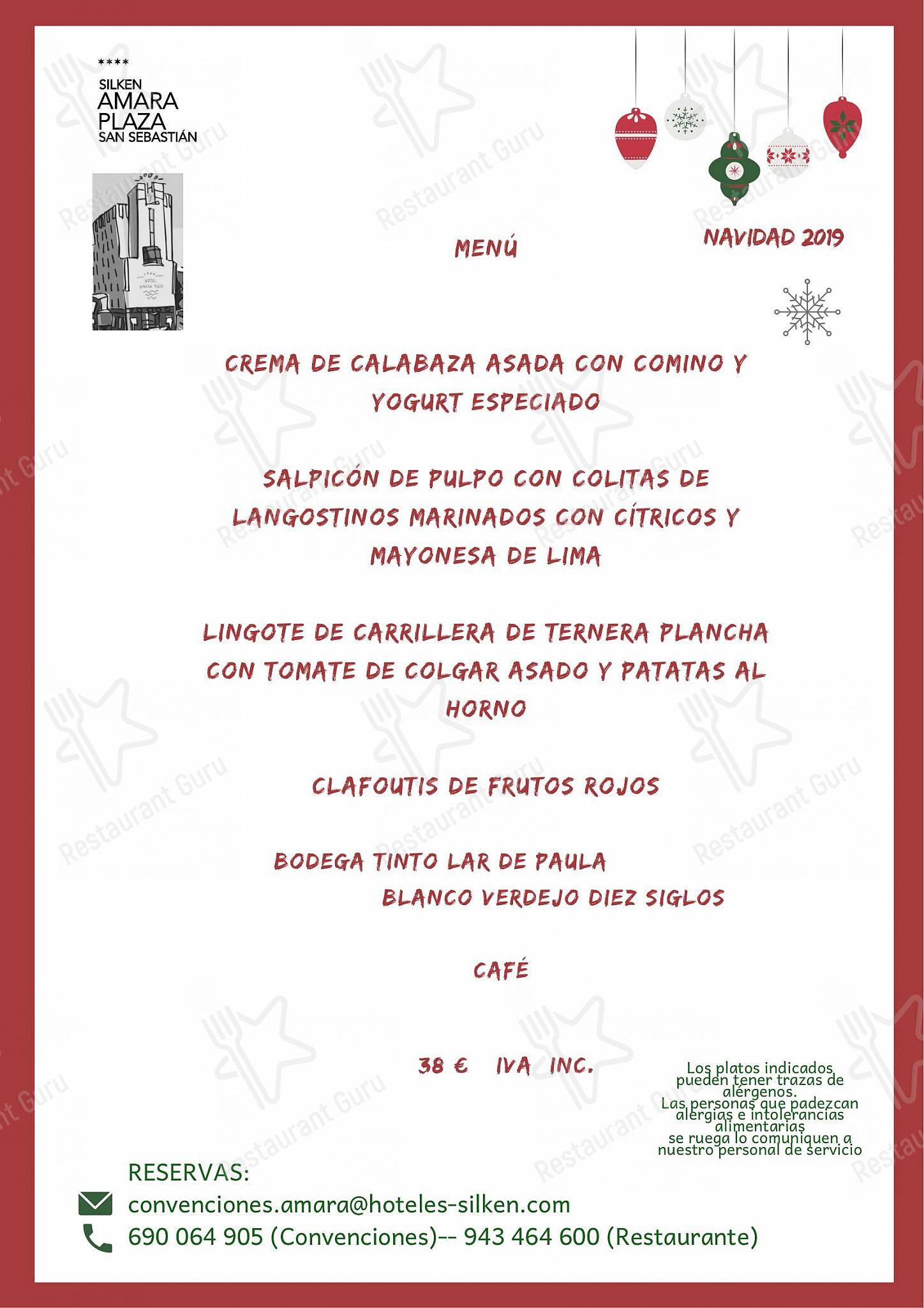 Menu at Bistro Bar Amara Plaza, San Sebastián