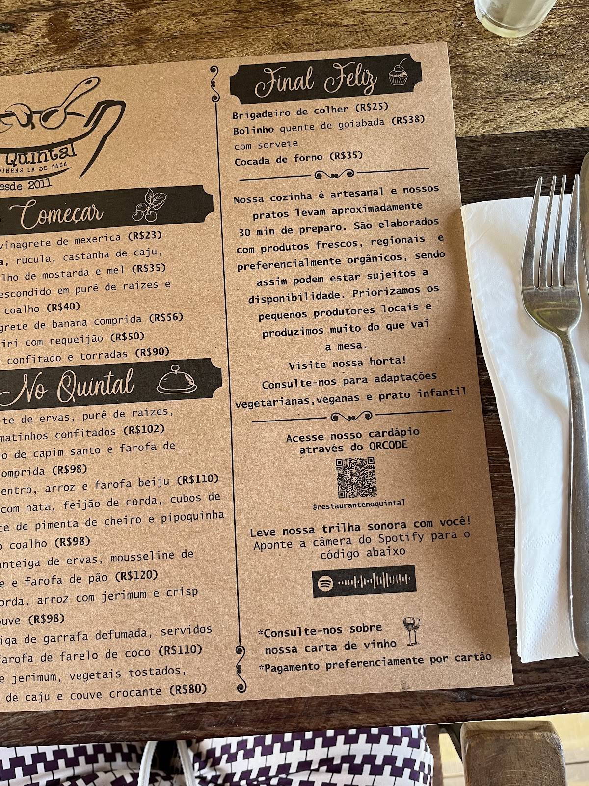 Restaurante No Quintal cardápio