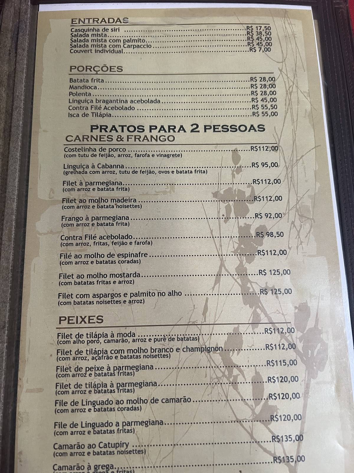 Restaurante Pizzaria e Pousada Cabanna cardápio