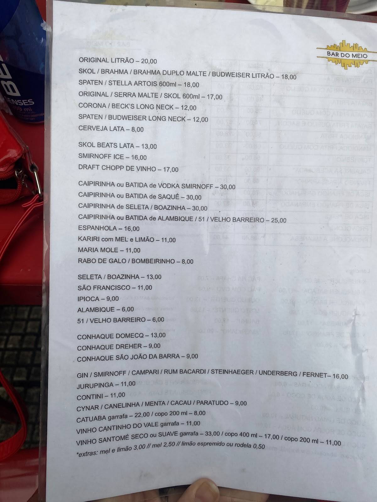 Restaurante do Meio cardápio