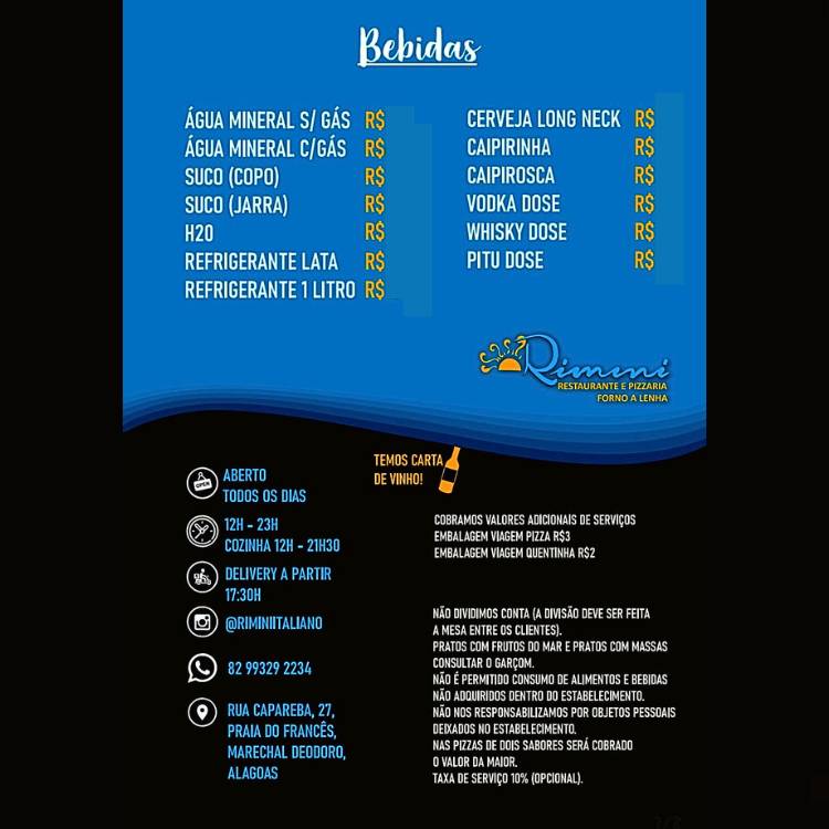 Rimini Pizzaria e Restaurante Praia do Francês cardápio