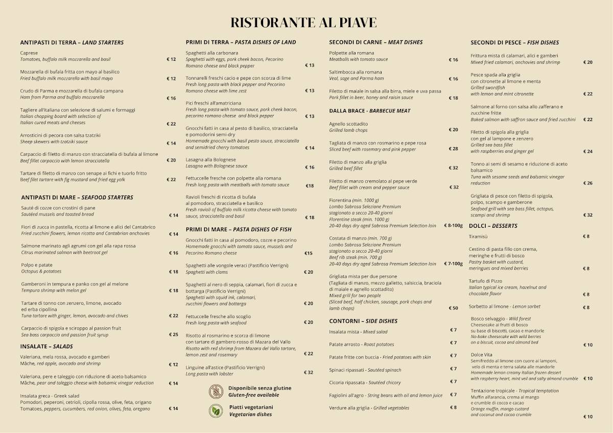 Menu di Ristorante Al Piave - Cucina Italiana 