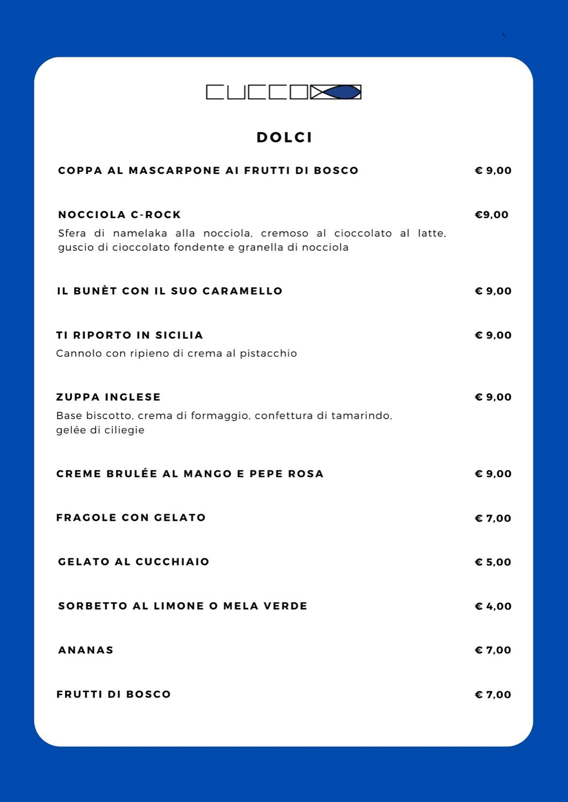 Menu di Ristorante Cucco - Pesce e Frutti di mare 