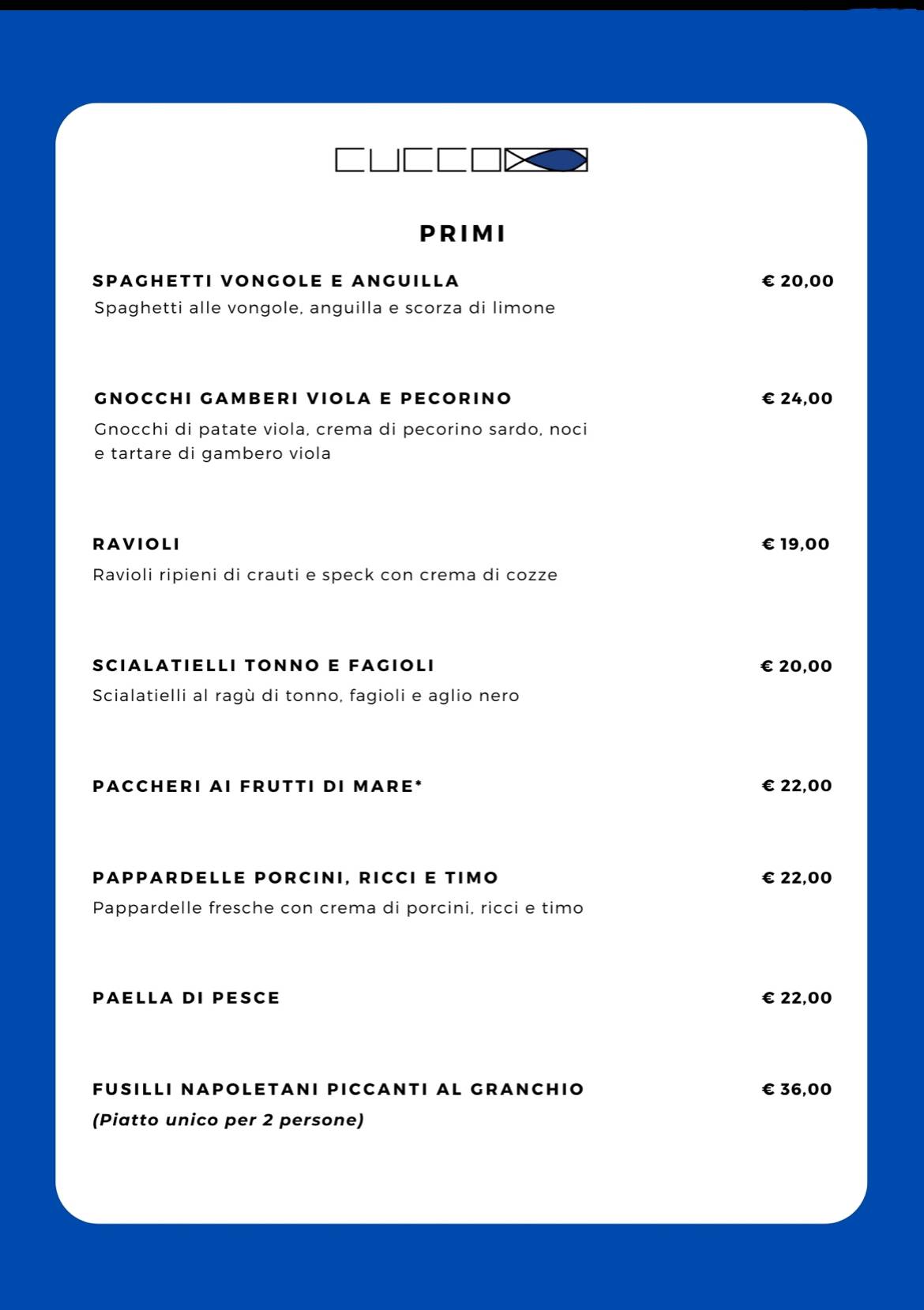 Menu di Ristorante Cucco - Pesce e Frutti di mare 