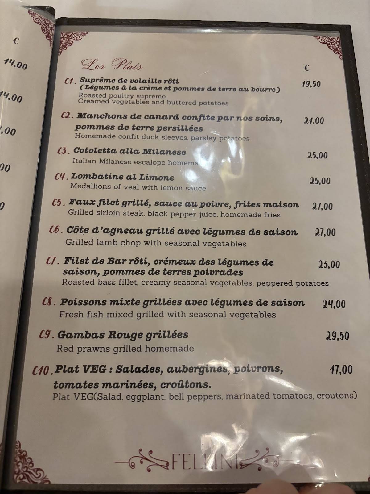 Menu de Ristorante Fellini