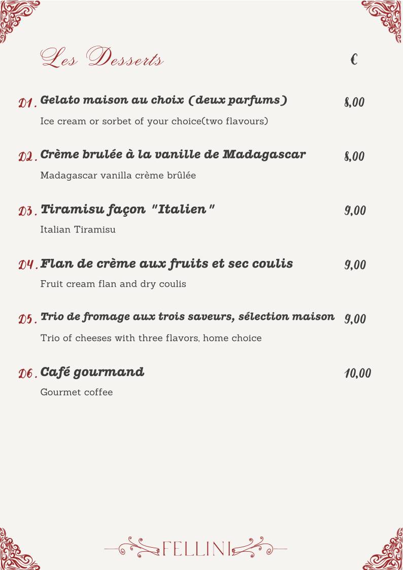 Menu de Ristorante Fellini