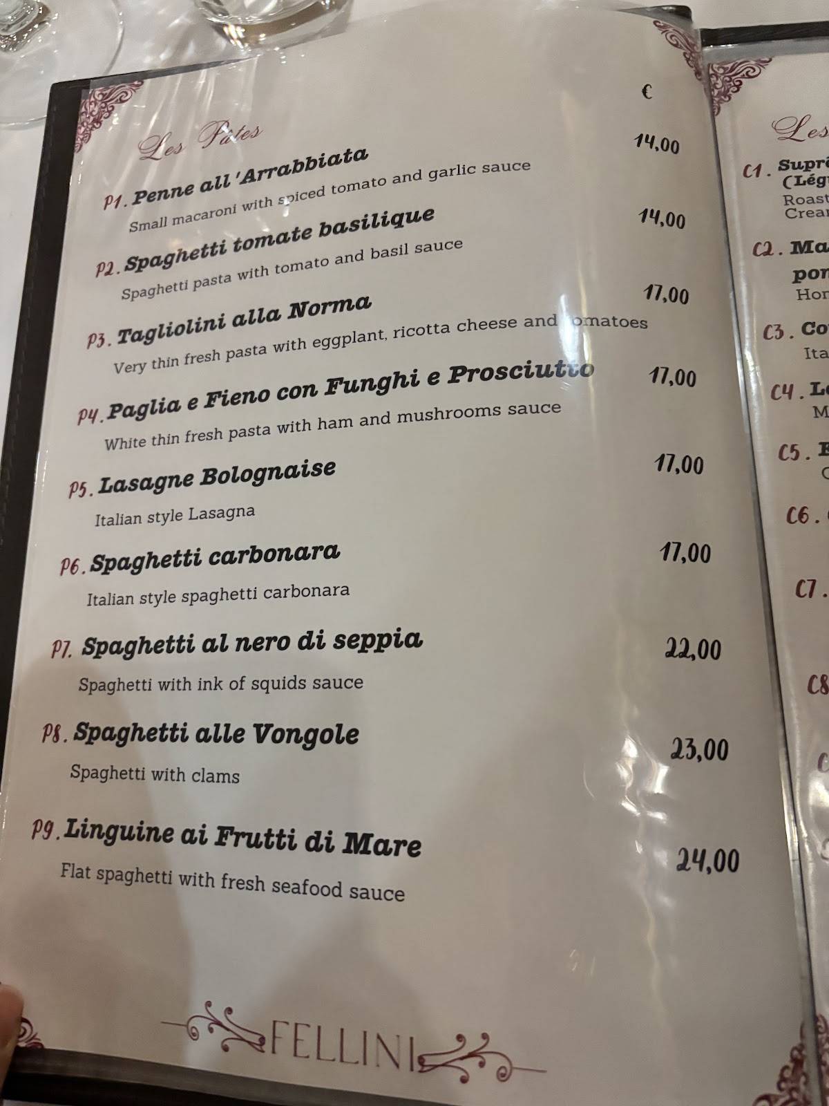 Menu de Ristorante Fellini