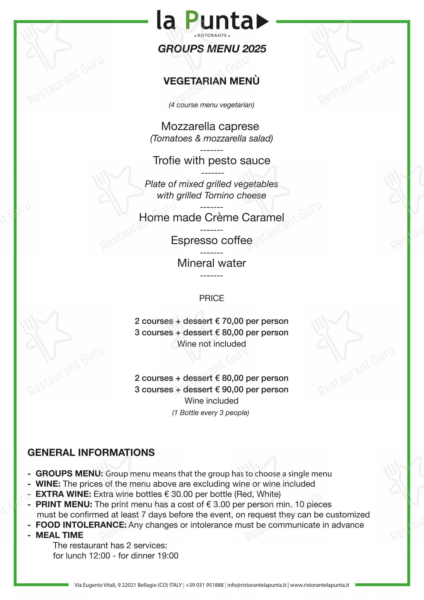 Ristorante La Punta in Bellagio - Основное меню