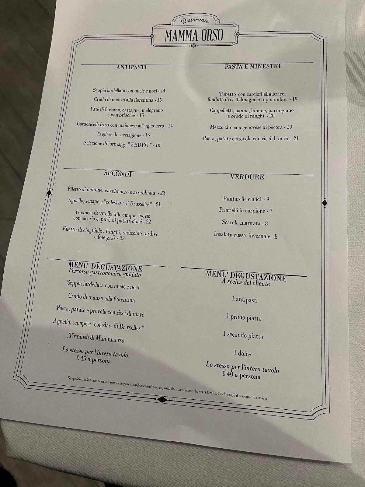 Menu di Ristorante Mamma Orso 