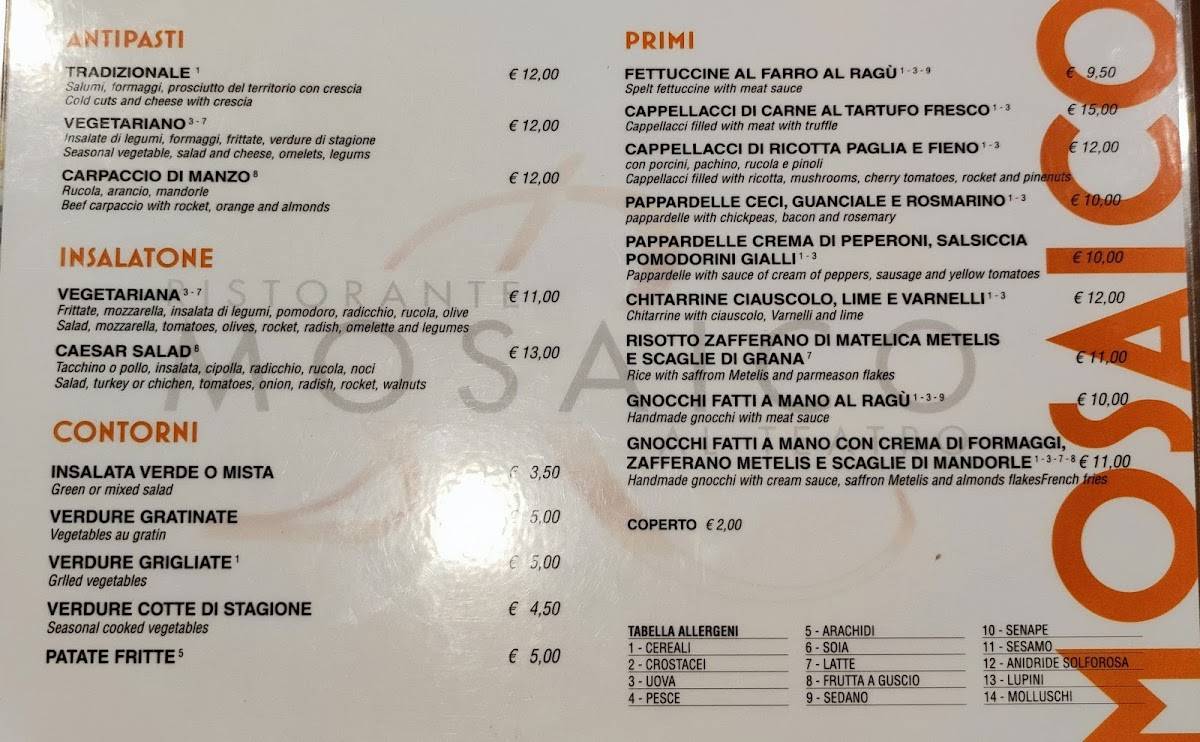 Menu di Ristorante Mosaico al Teatro 