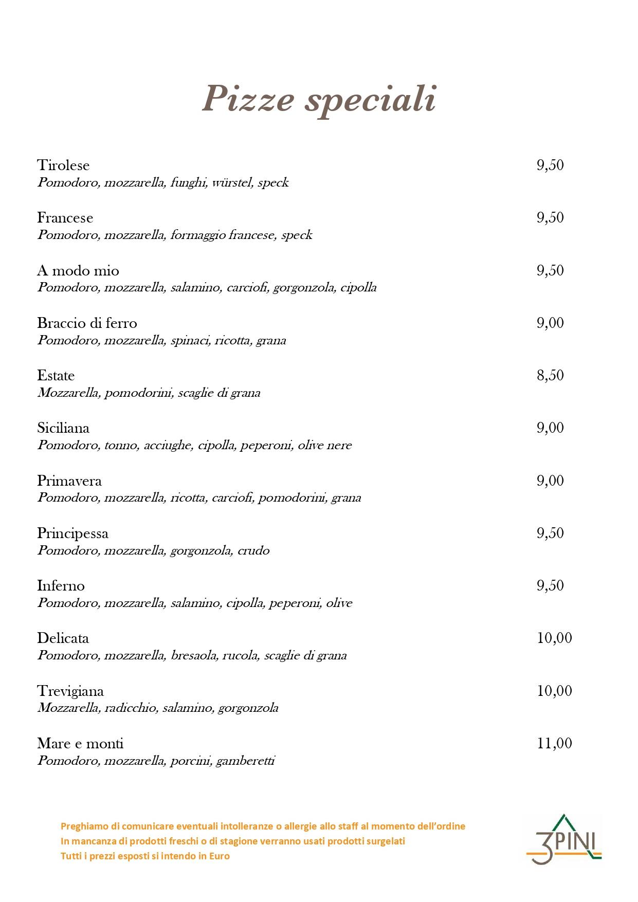 Menu di Ristorante Pizzeria Bar Tre Pini 