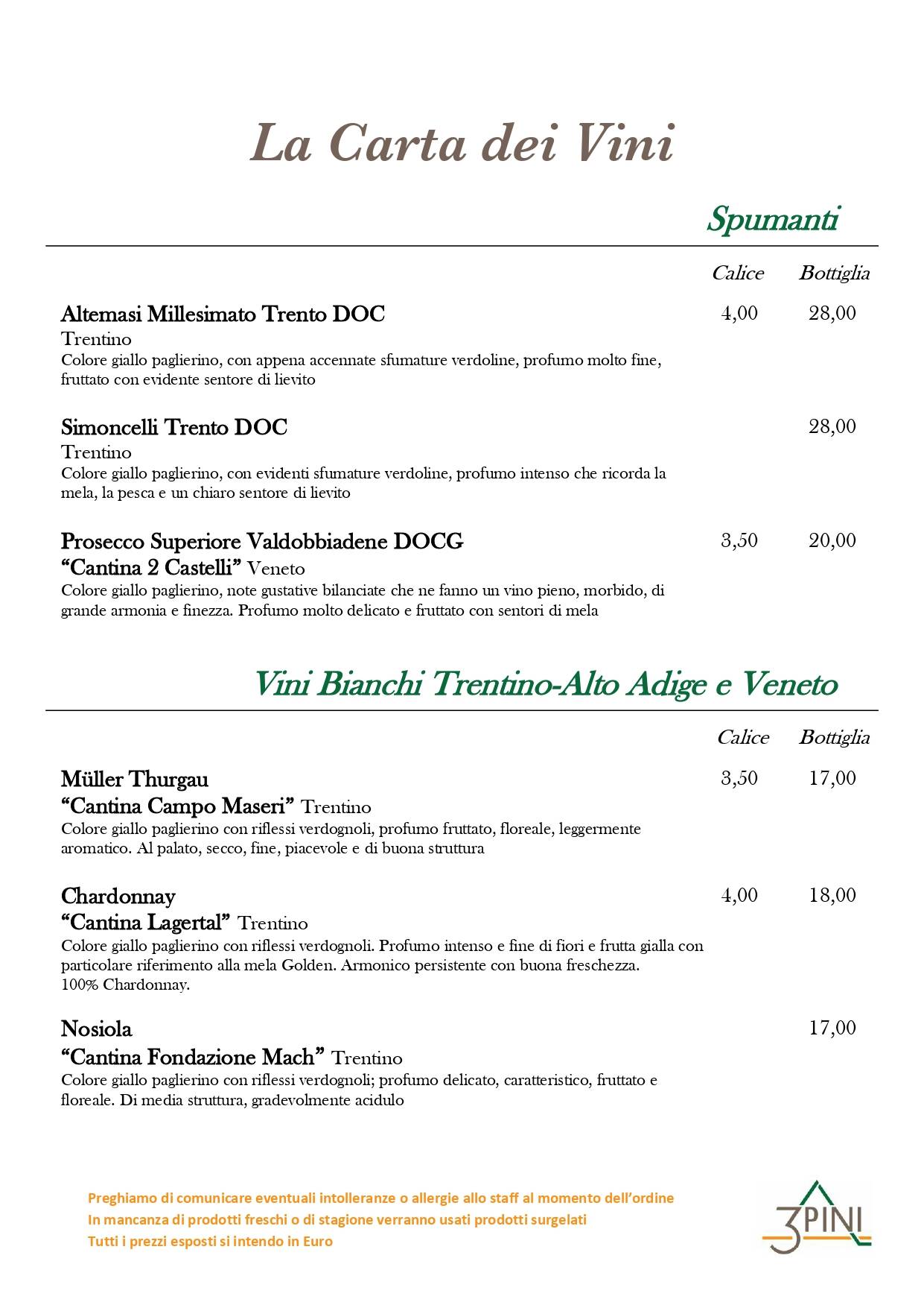 Menu di Ristorante Pizzeria Bar Tre Pini 