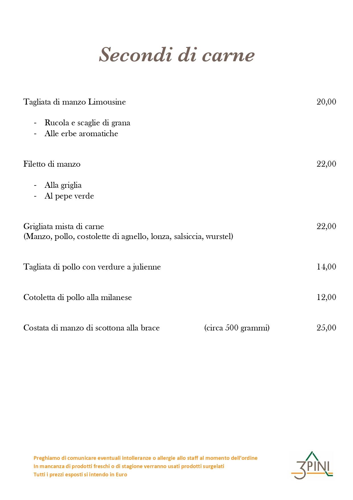 Menu di Ristorante Pizzeria Bar Tre Pini 