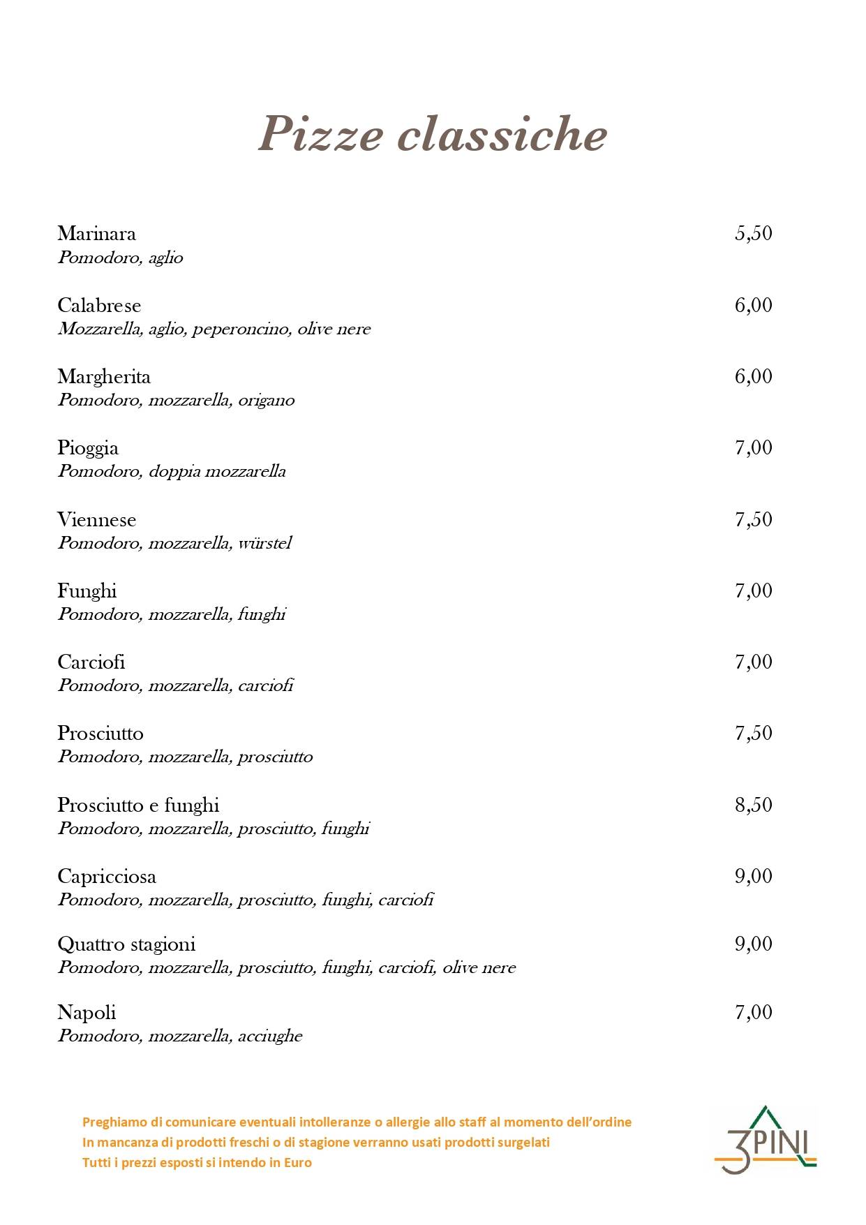 Menu di Ristorante Pizzeria Bar Tre Pini 