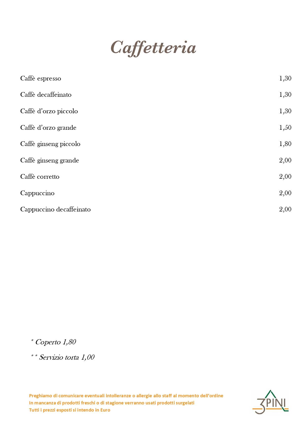 Menu di Ristorante Pizzeria Bar Tre Pini 