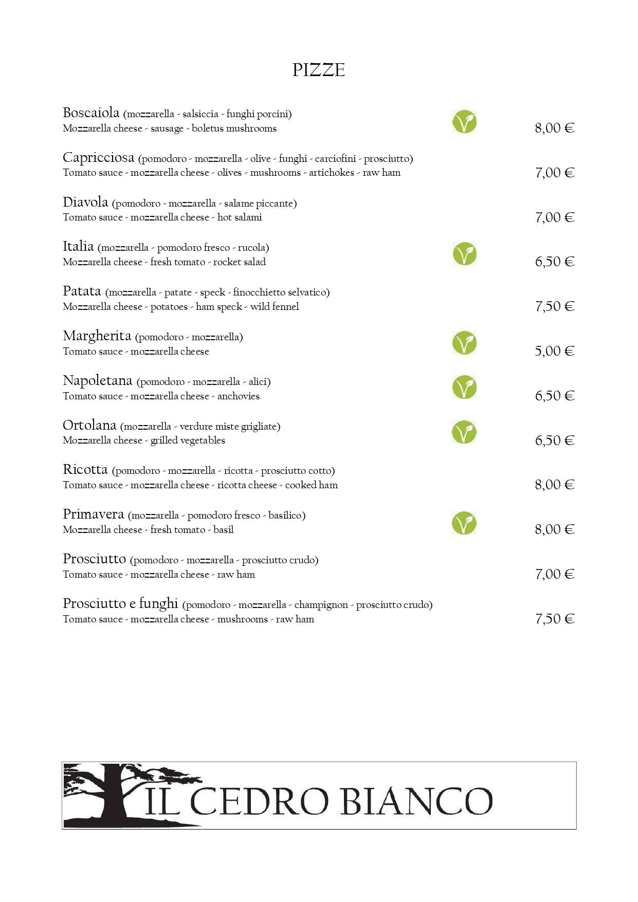 Menu di Il Cedro Bianco Ristorante Pizzeria 