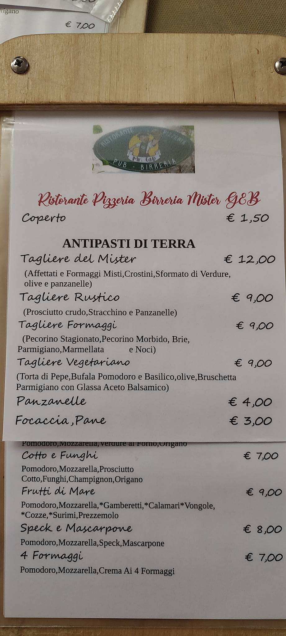 Menu di Ristorante Pizzeria Mr. G&B 