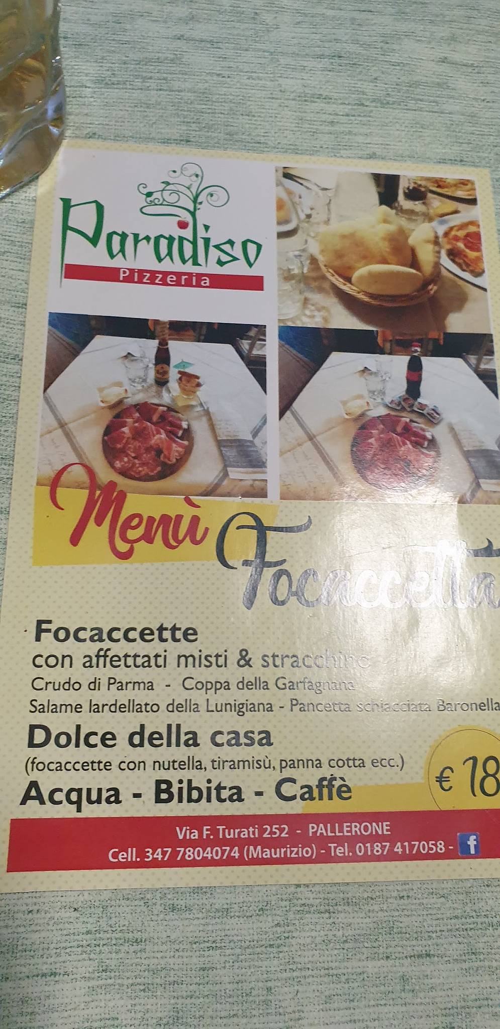 Menu di Pizzeria Focaccetteria Paradiso 