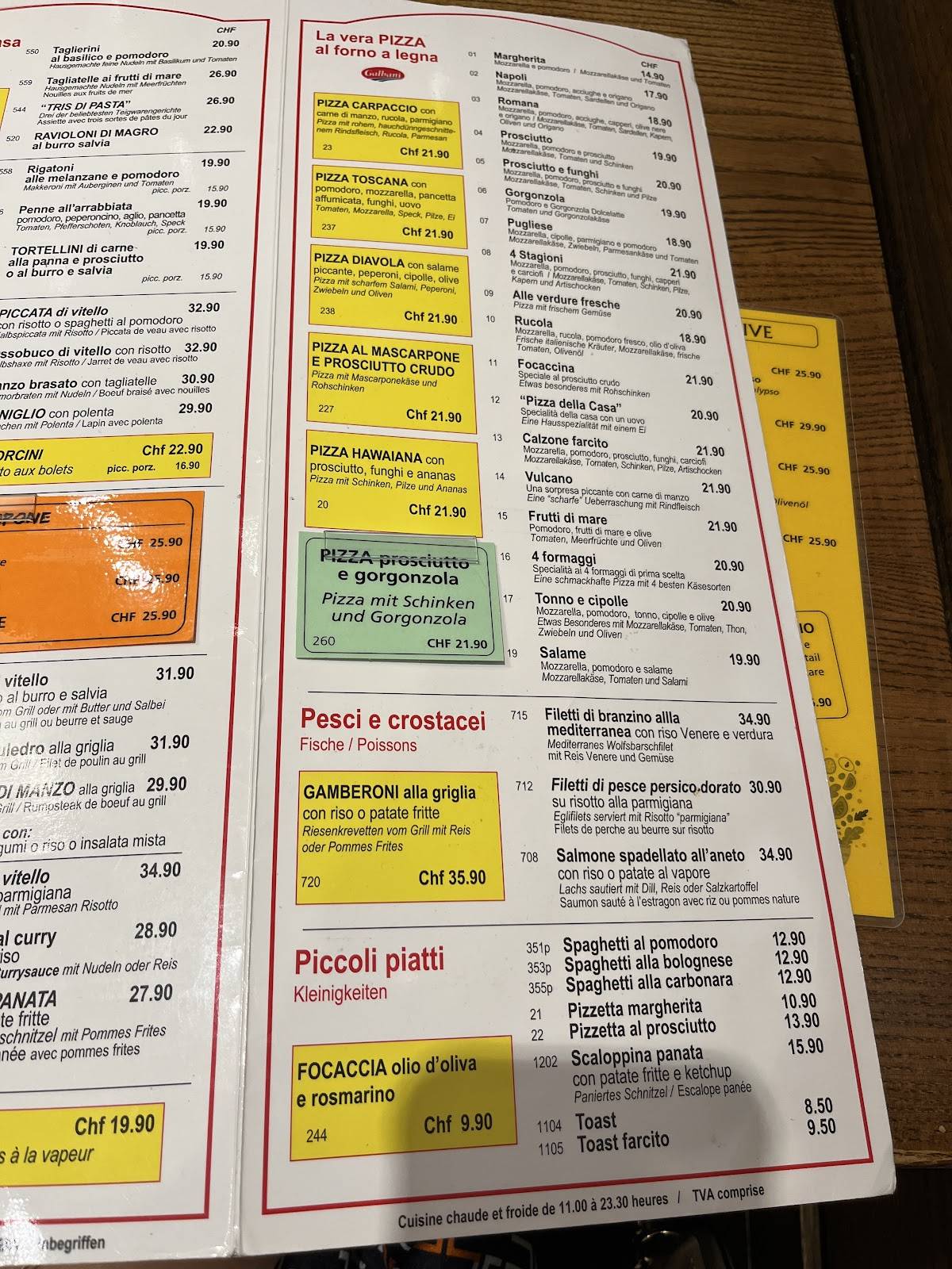 Menu di Ristorante - Pizzeria Svizzero 