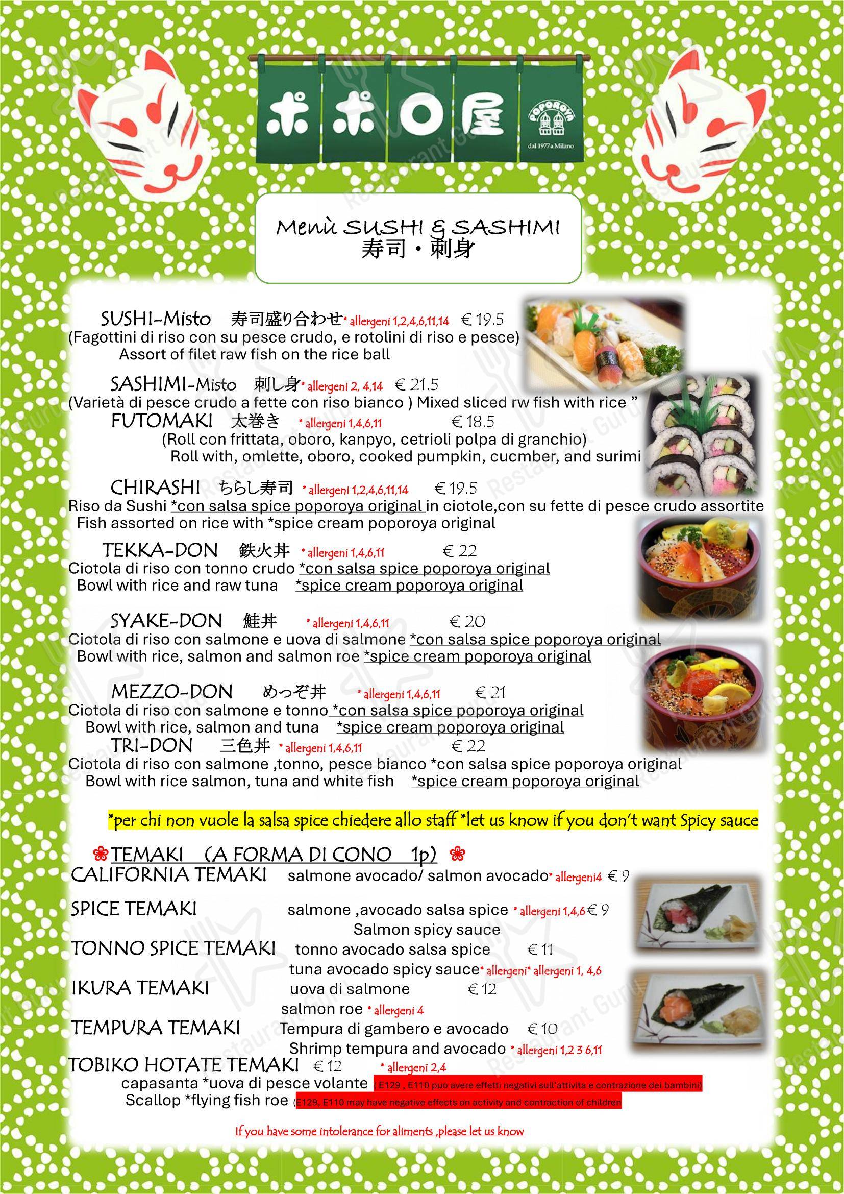 Menu per Poporoya in Milano