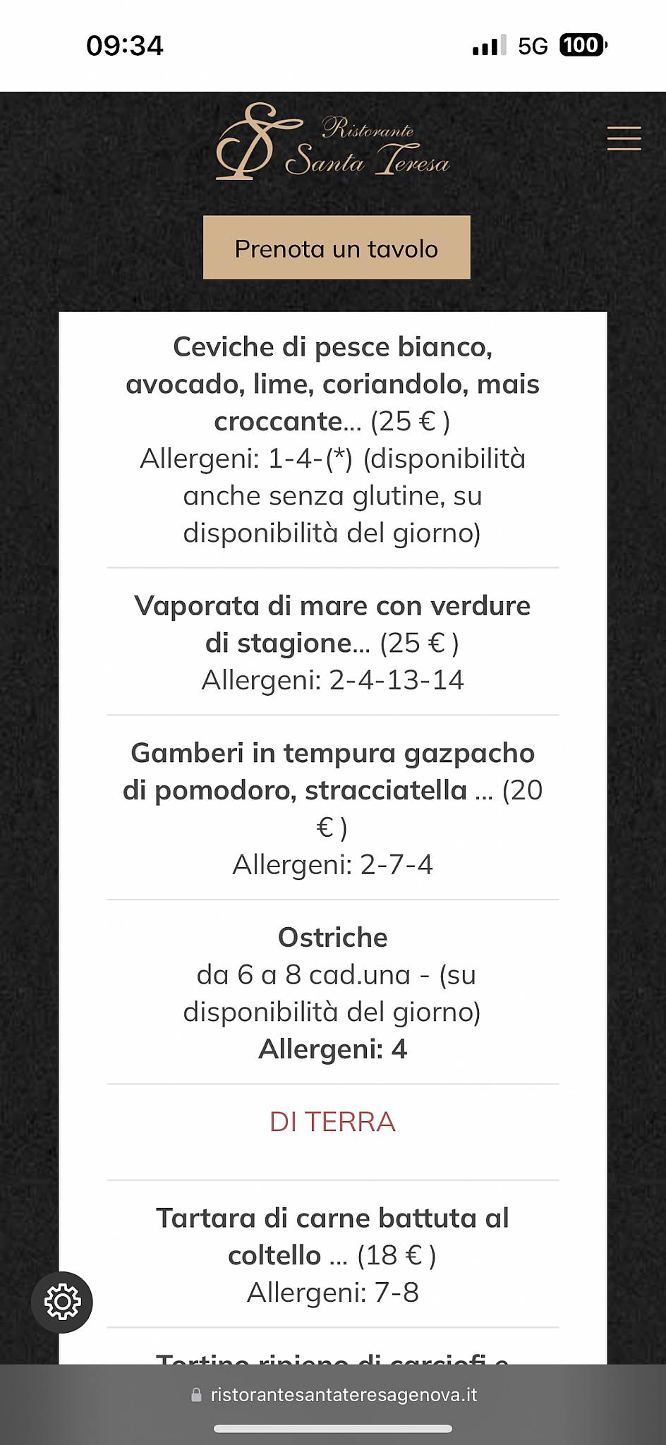 Menu di Ristorante Santa Teresa 
