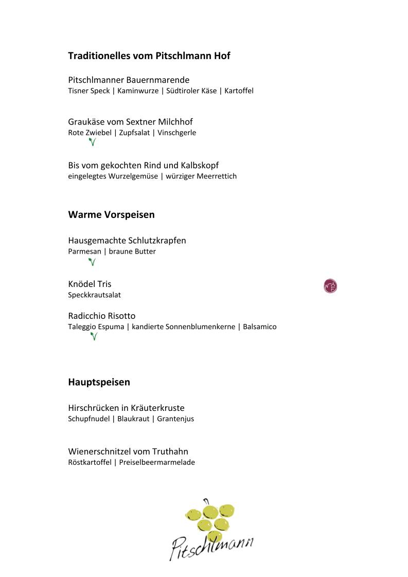 Menu di Ristorante appartamenti Pitschlmann 