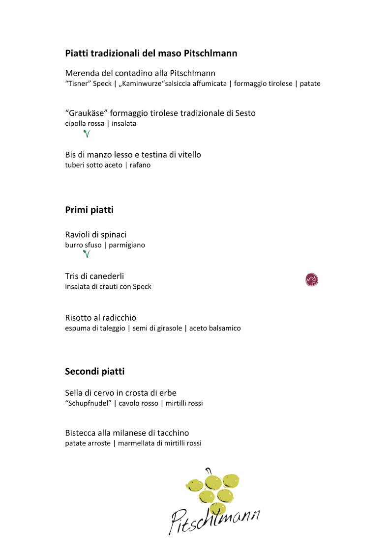 Menu di Ristorante appartamenti Pitschlmann 