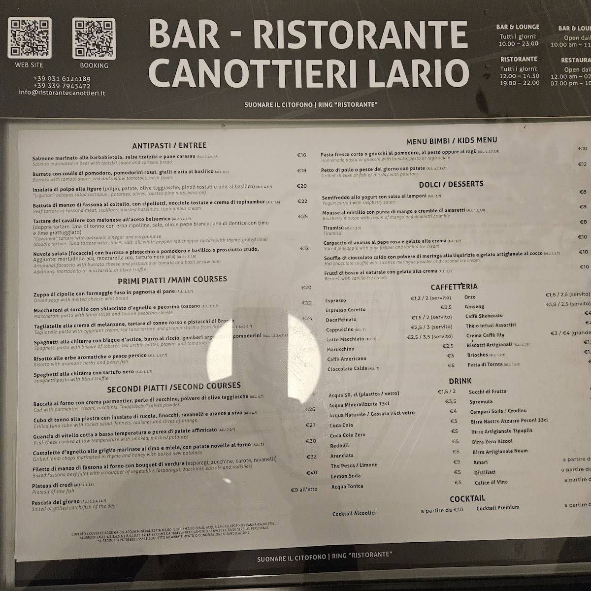 Menu di Ristorante e Bar Canottieri Lario Como 