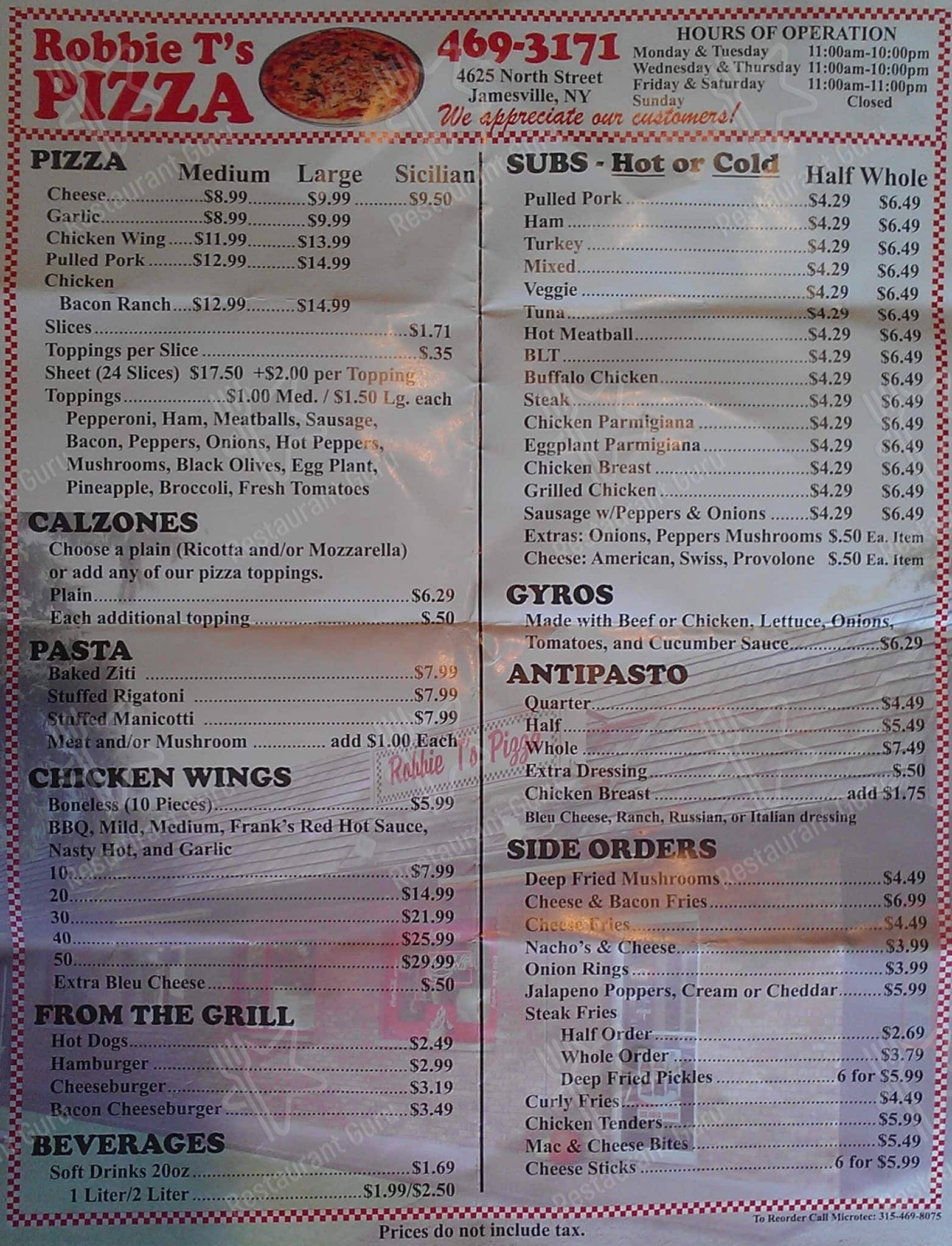 Menu at Robbie T's Pizza pizzeria, Jamesville